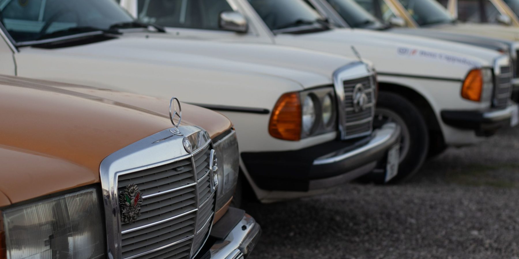 Reihe geparkter Mercedes-Benz Limousinen mit Kühlergrill im Vordergrund